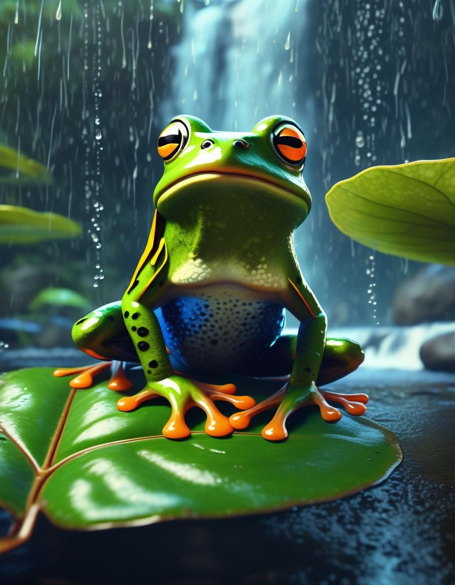 Fantasy Frog Portrait in Rainfall Waterfall