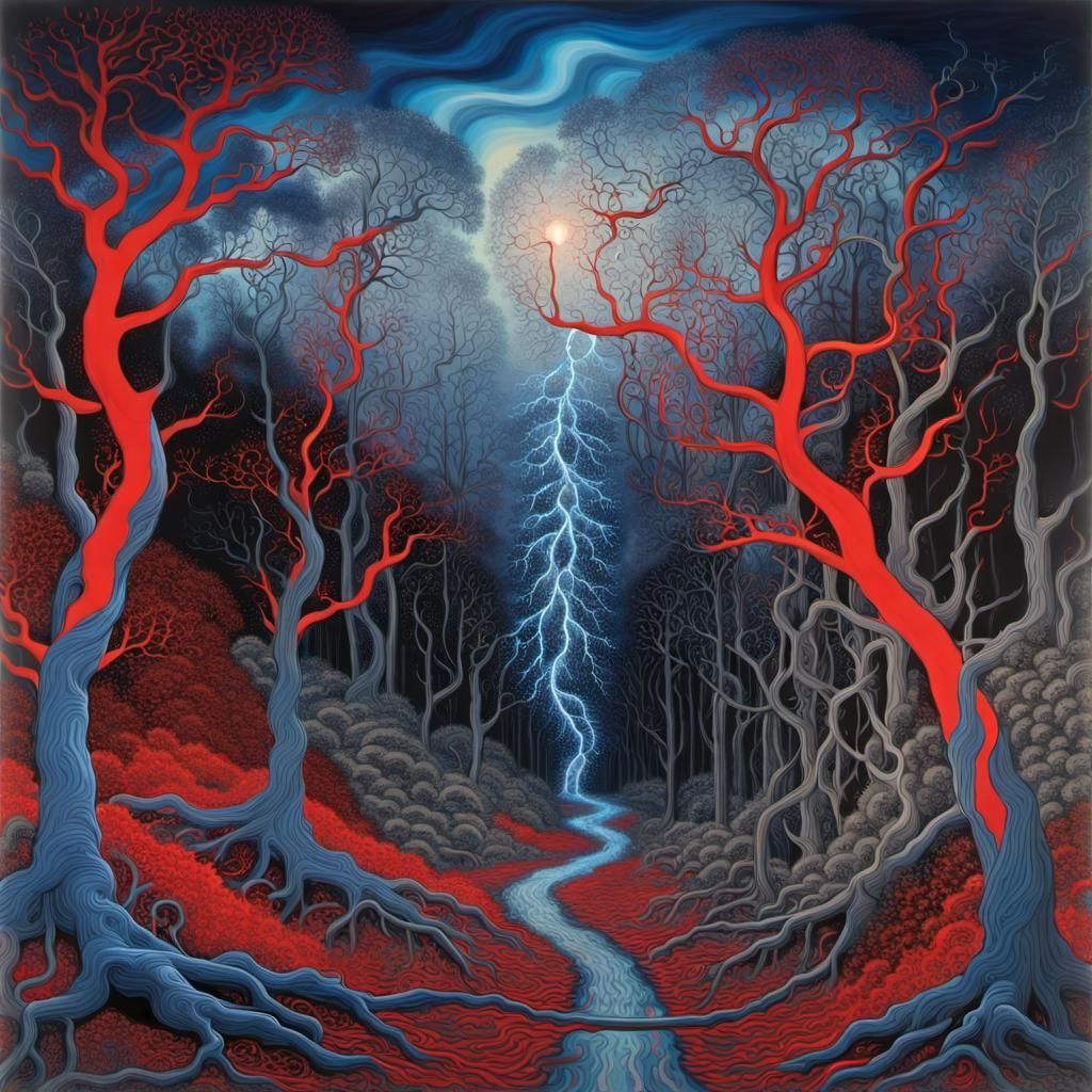 Surreal Metal Forest with Electric Lightning