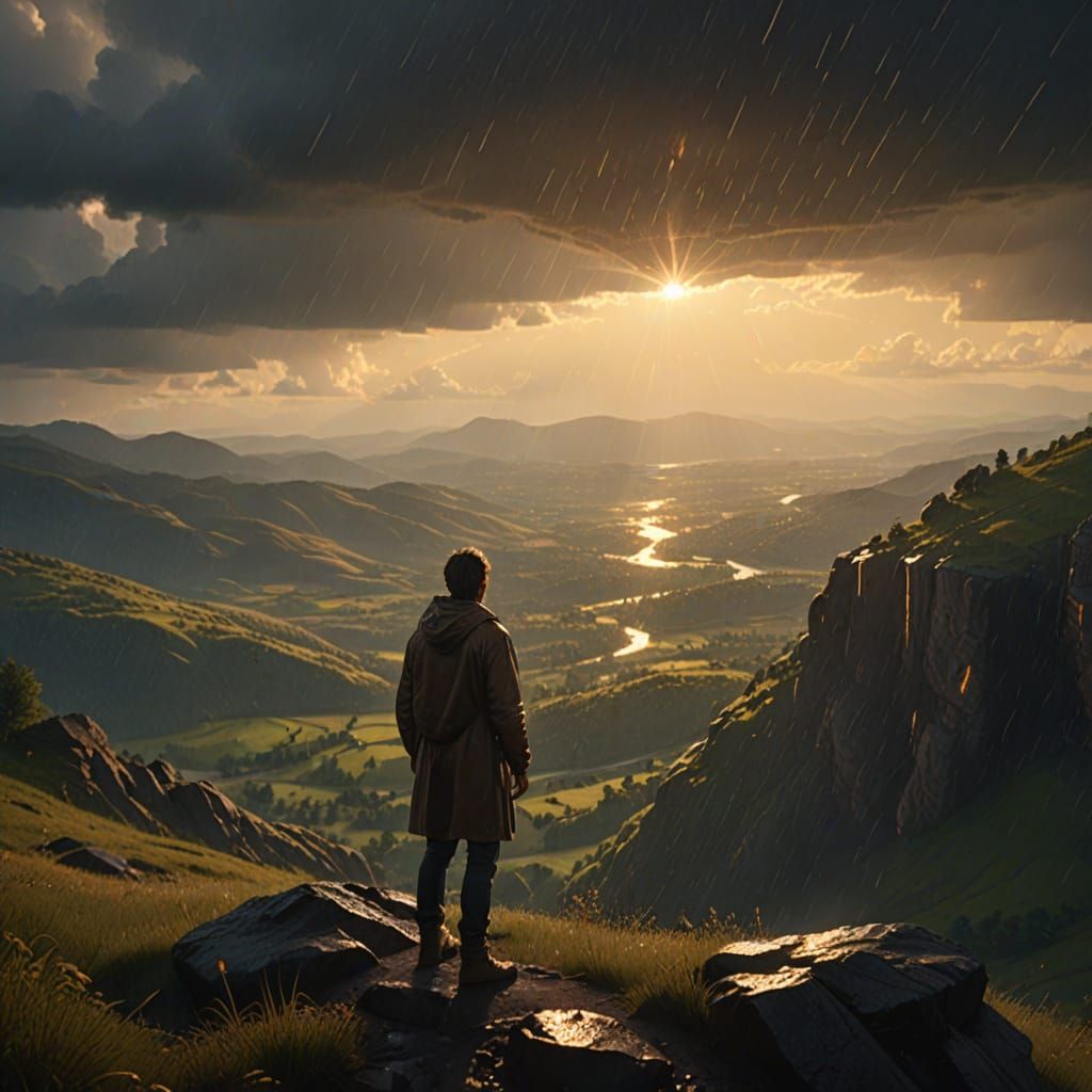 Lone Figure Gazing at Rainy Valley at Sunset