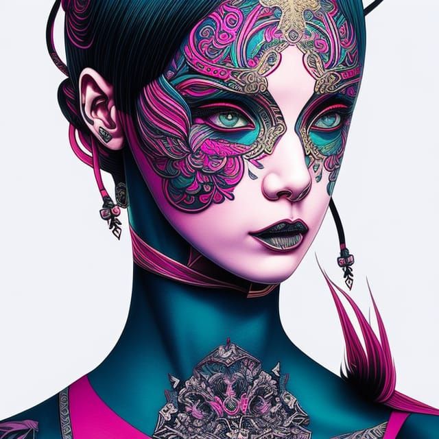 Tattooed Woman Portrait in Storybook Style