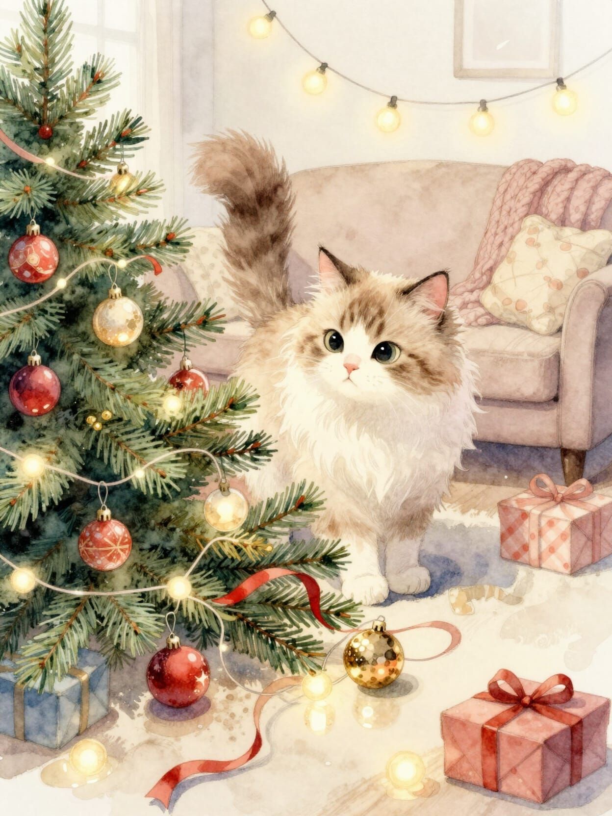 Guilty Cat After Christmas Tree Mishap Watercolor