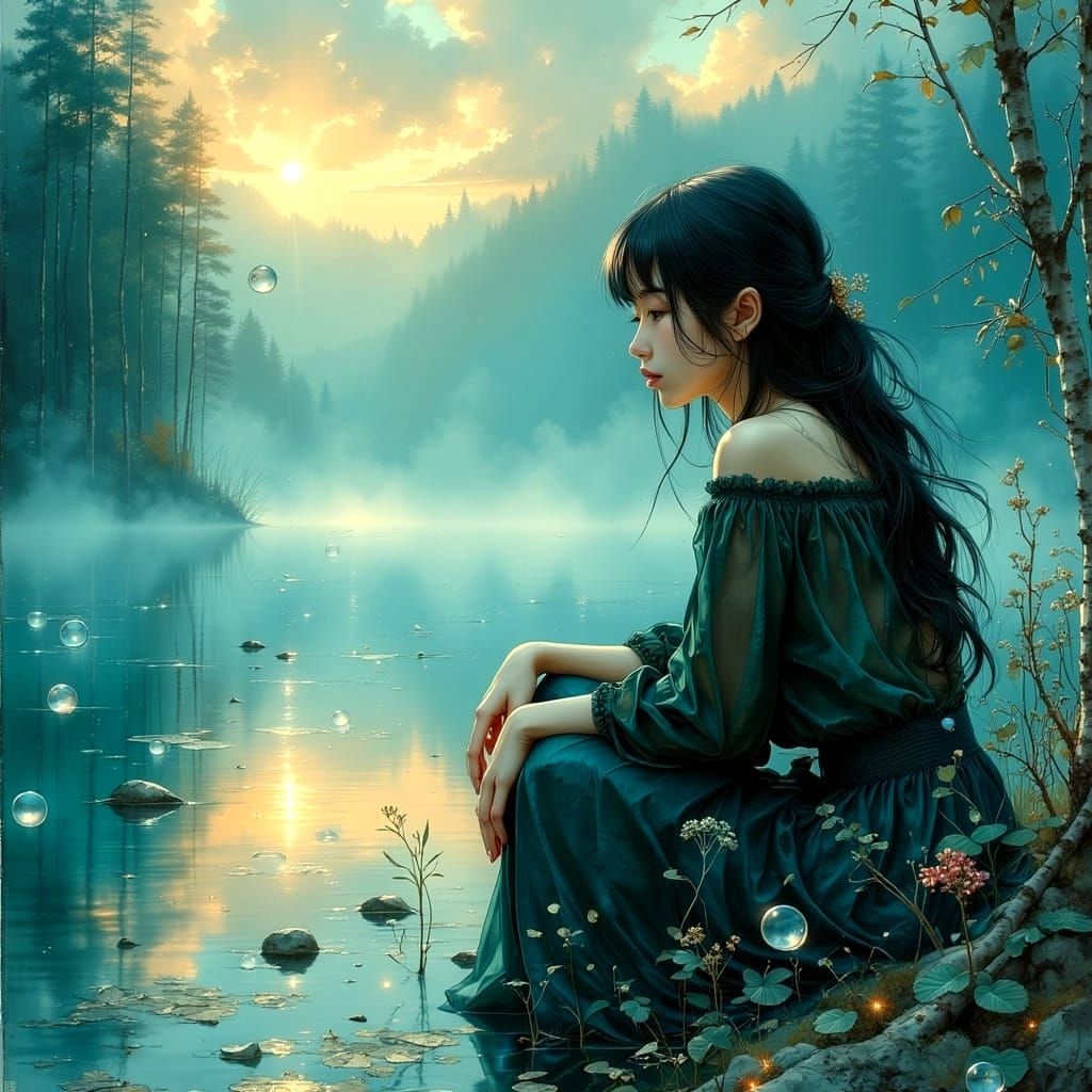 Dreamy Portrait of Woman by Misty Lake
