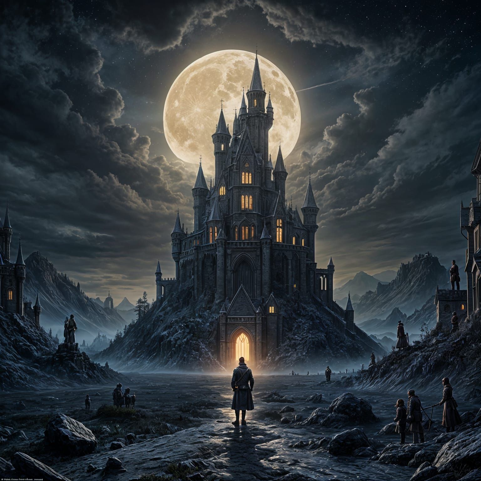 Ethereal Landscape with Towering Castle and Cozy Abode