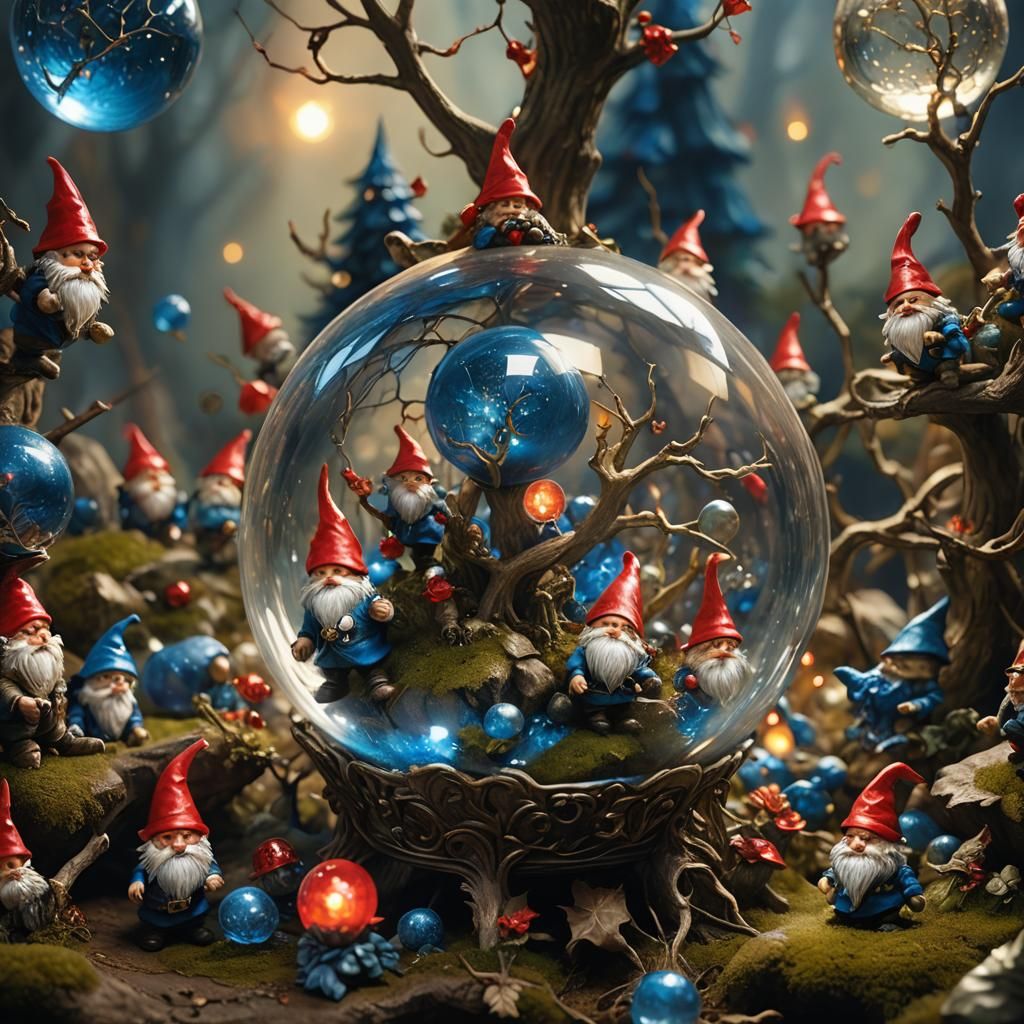 Miniature Gnomes Play in Glass Ball: Fantasy Art
