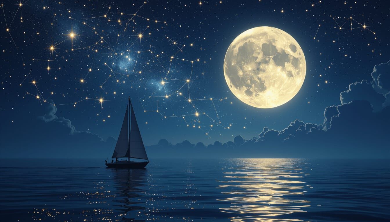 Mystical Night Sky Over Ocean with Moon and Sailboat