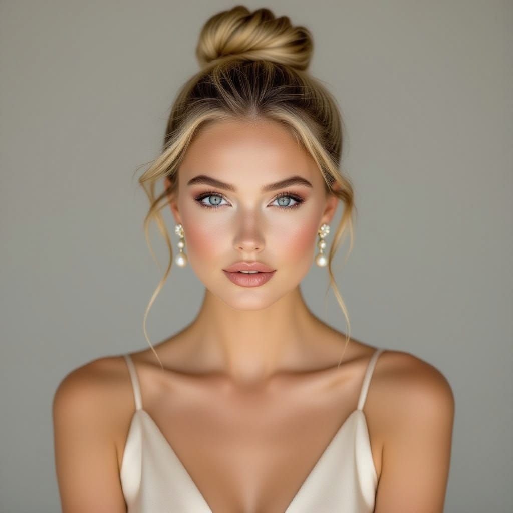 A classic studio portrait captures a fair-skinned blonde mod...