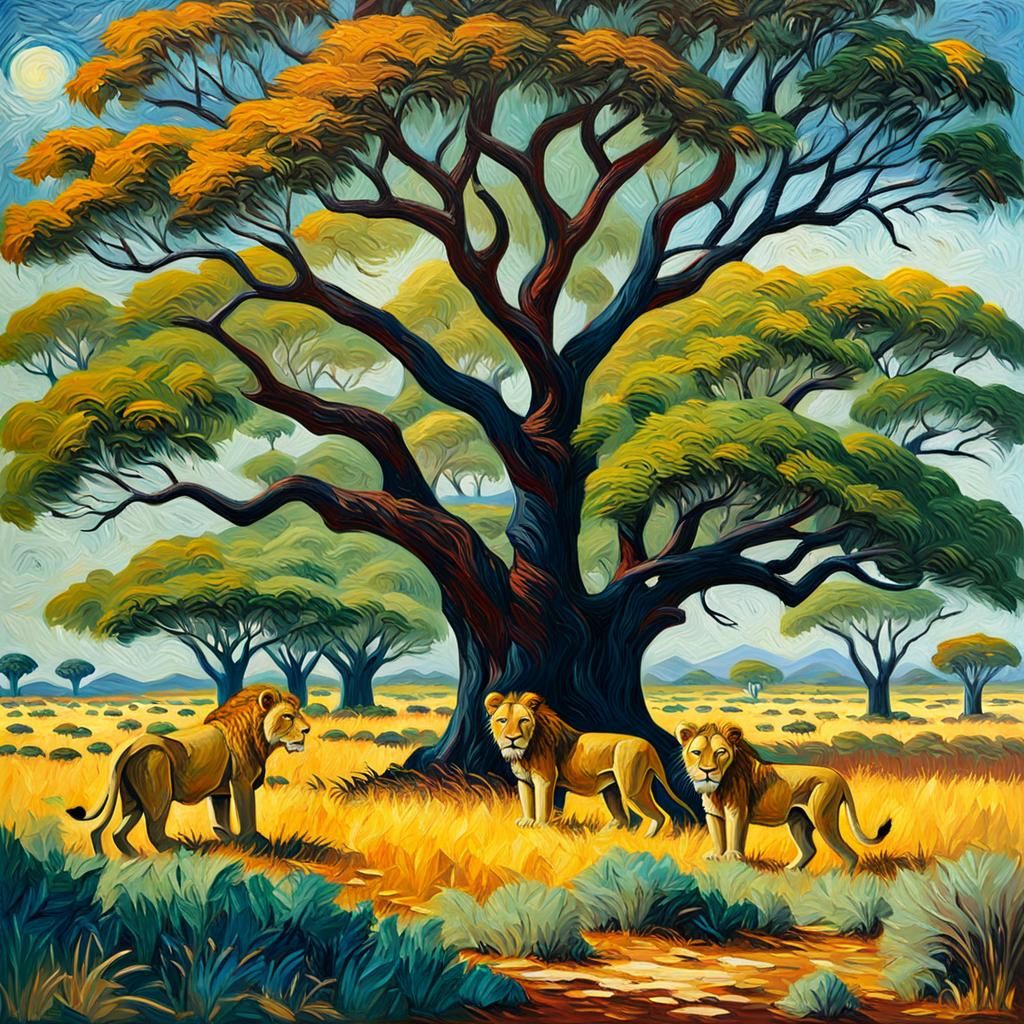 Savannah Lions in Neo-Impressionist Expressionist Style