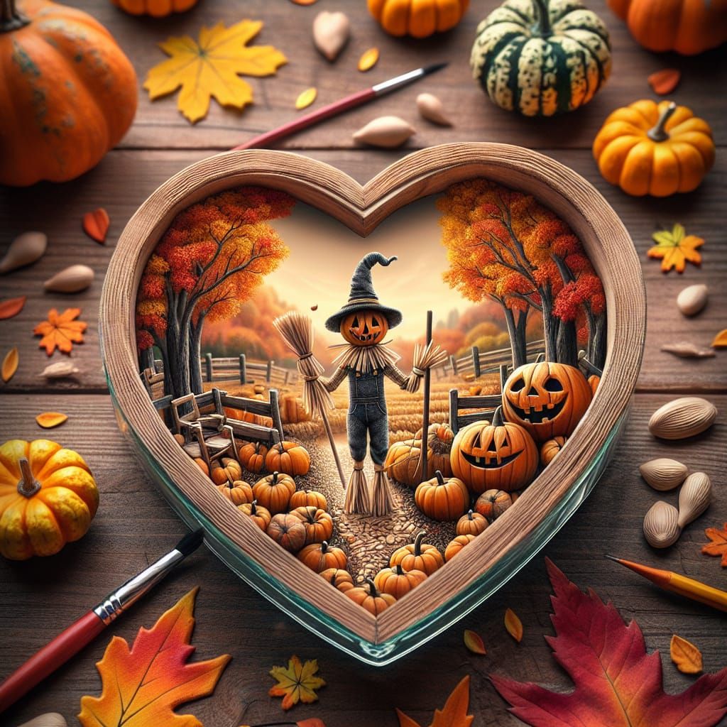 Halloween Scarecrow in Autumn Heart-Shaped Bowl