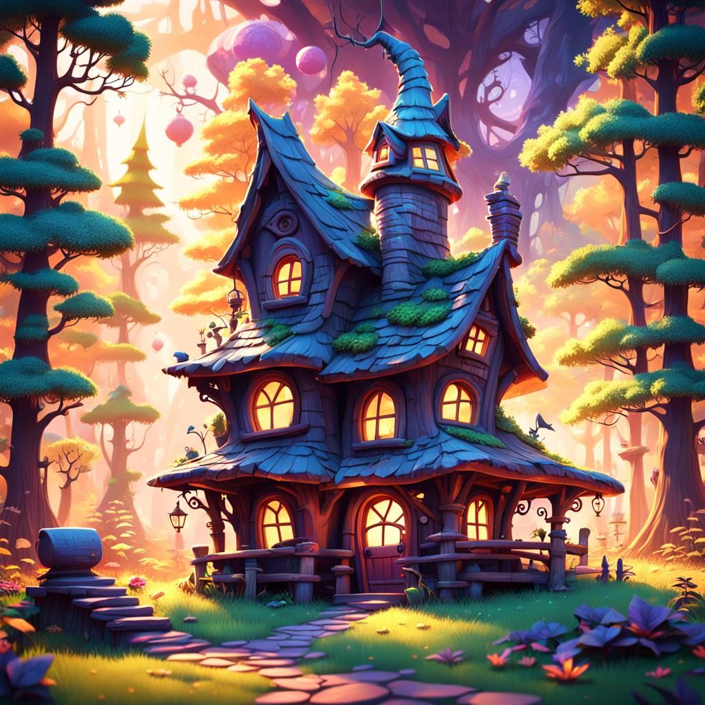 Cute Witch House in Forest: Pixar-style 3D Art