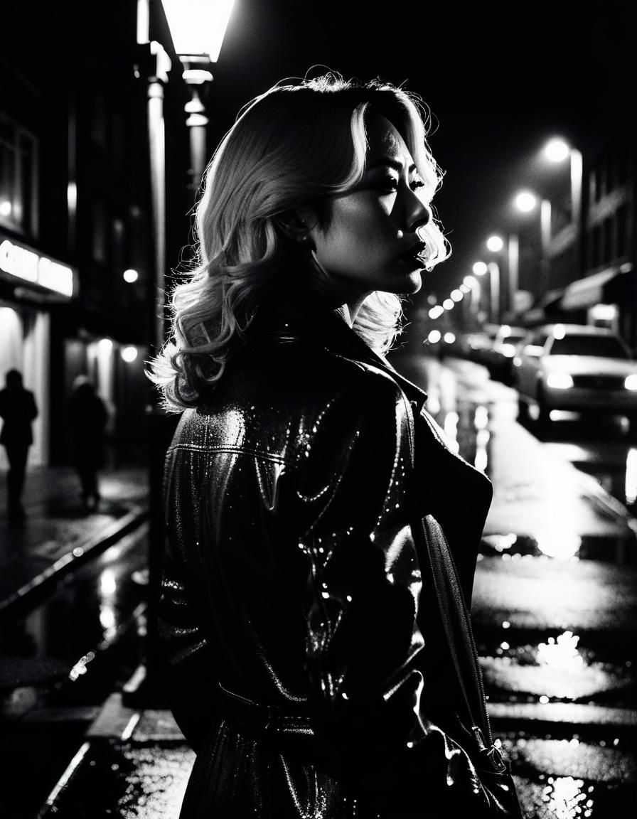 Noir Woman in Rainy Street, Grainy B&W Photo