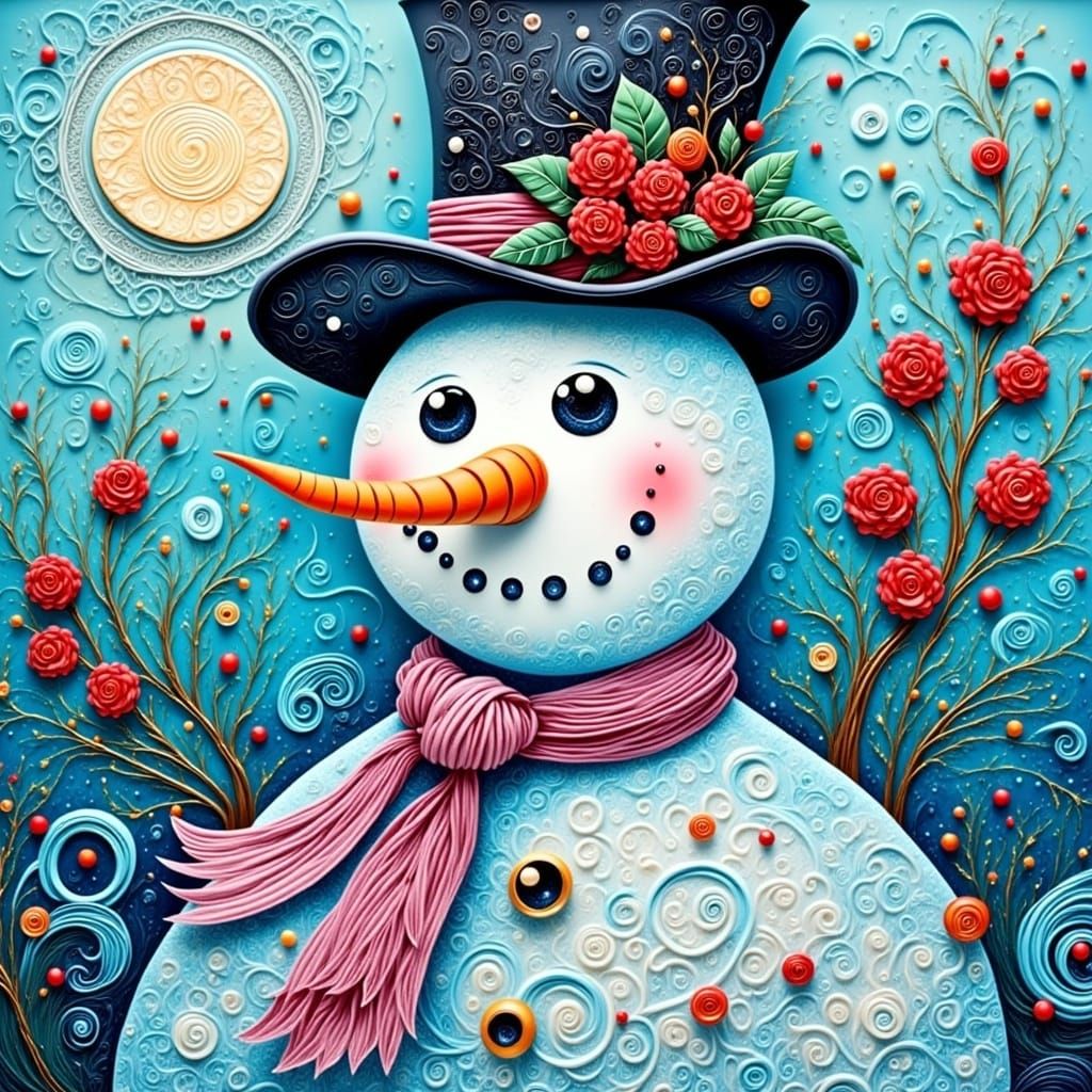 Whimsical Oil on Canvas Zentangle Snowman in Dreamlike Atmos...