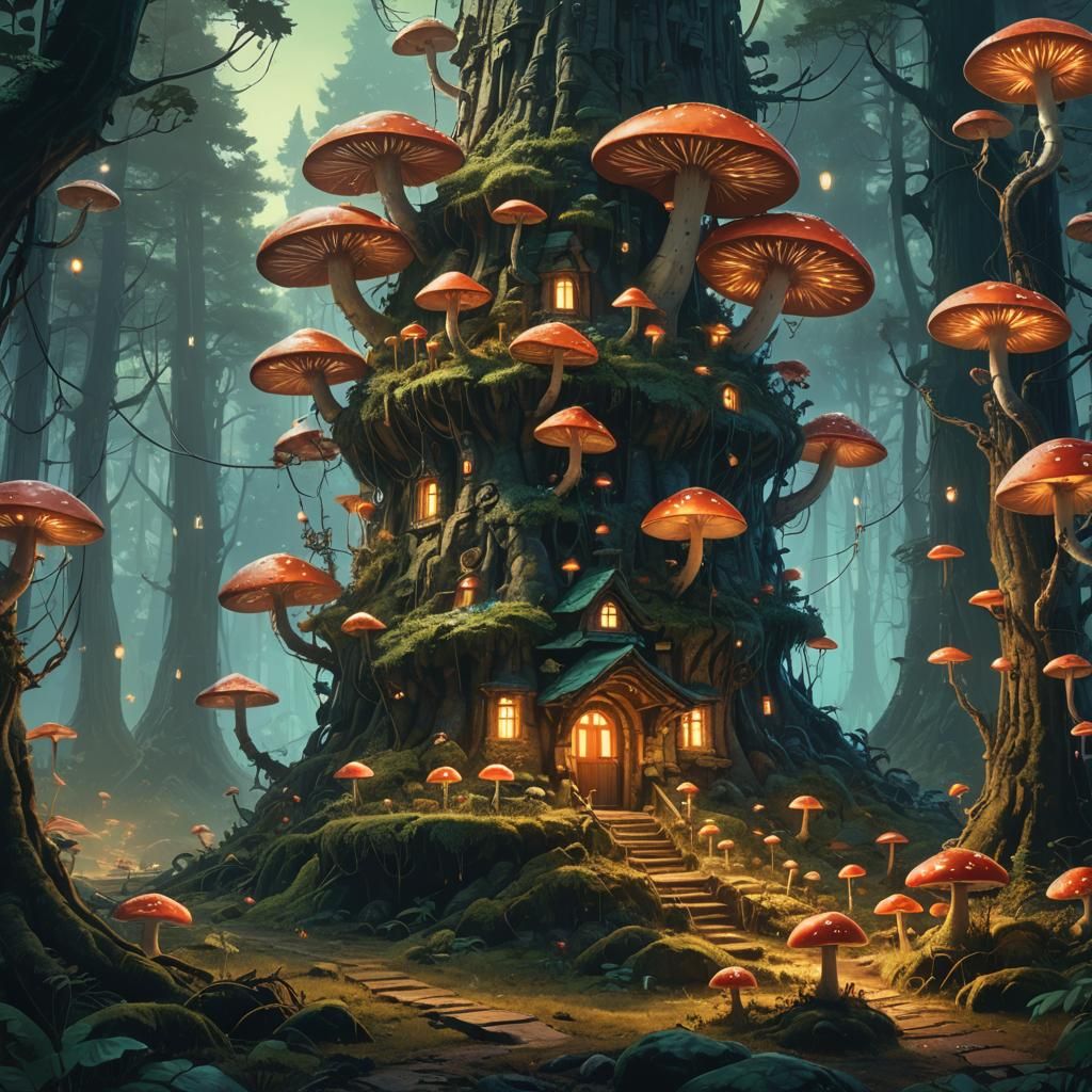 Luminous Mushroom Temple in Enchanted Forest