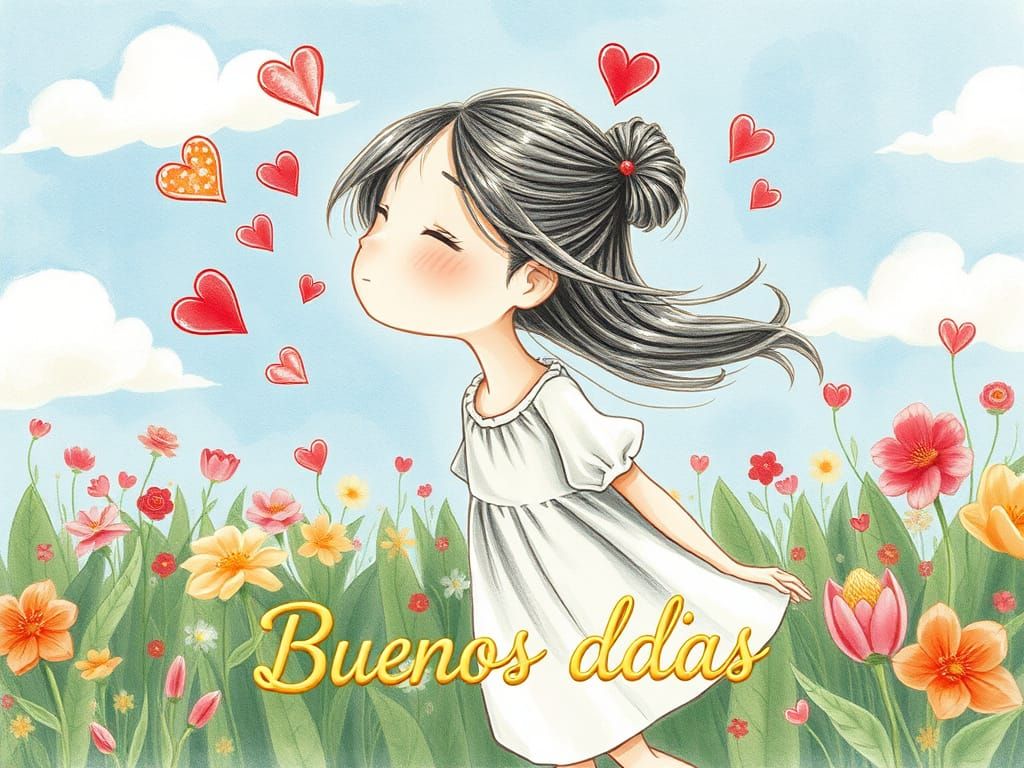 Dreamy Cartoon Girl in Whimsical Garden