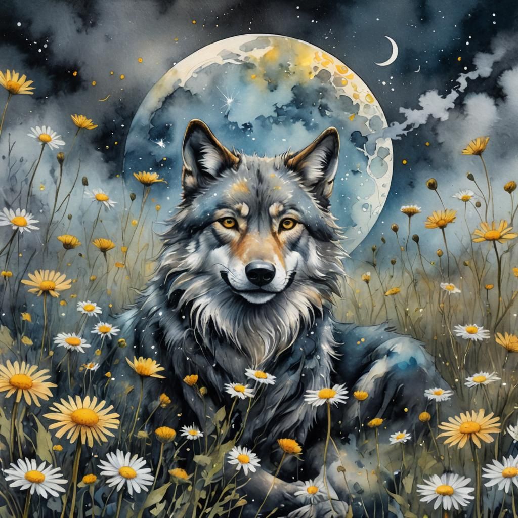 Wolf Gazing at Moonlit Sky in Watercolor Style