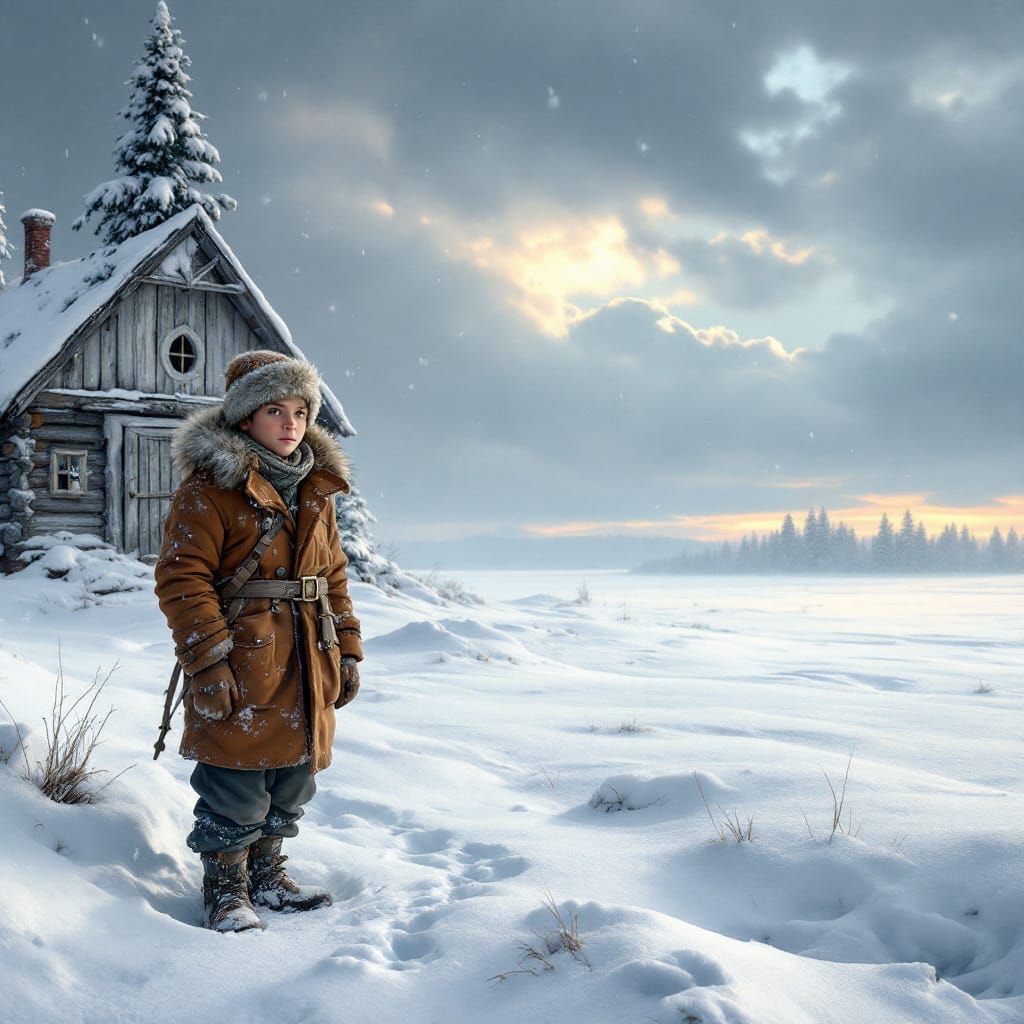 Snowy Cabin Scene in Digital Matte Painting Style