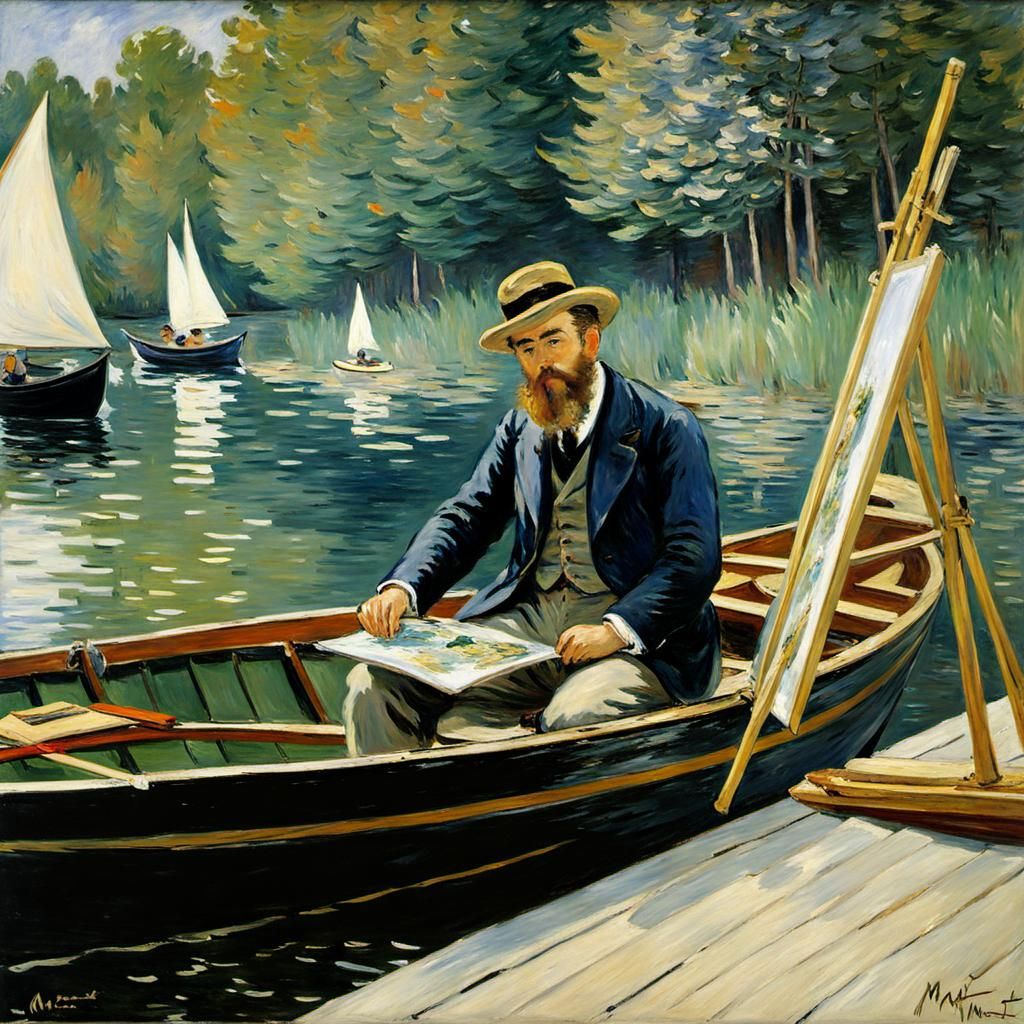 Monet in his Studio Boat, Impressionism Style