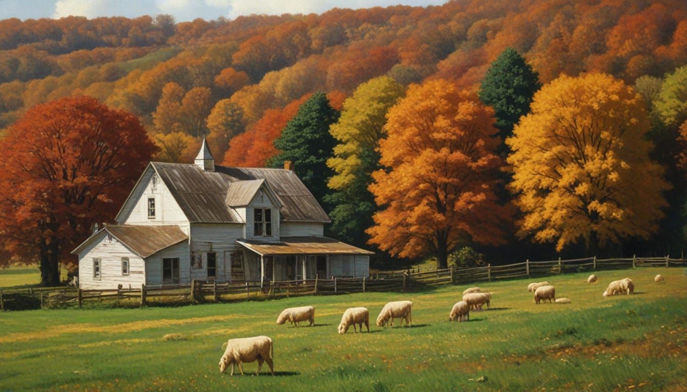 Autumn Farm Landscape in Bouguereau Oil Painting Style