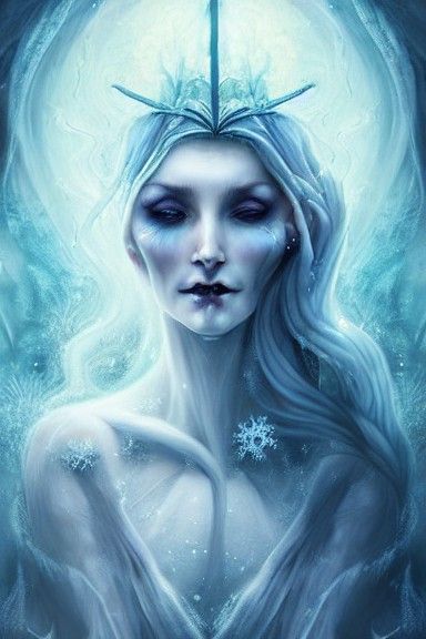 Icy Witch Conjuring a Spell in a Spectral Landscape