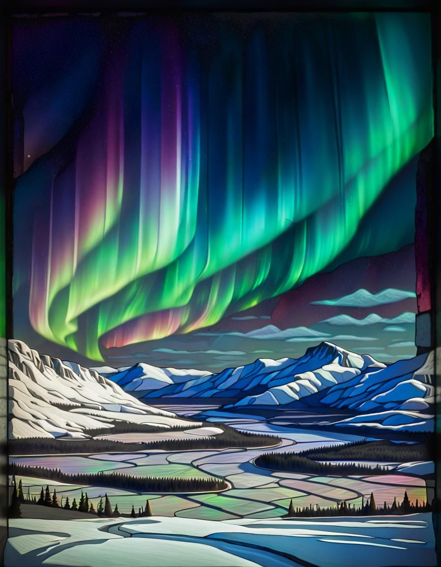 Aurora Borealis Over Snowy Valley in Stained Glass