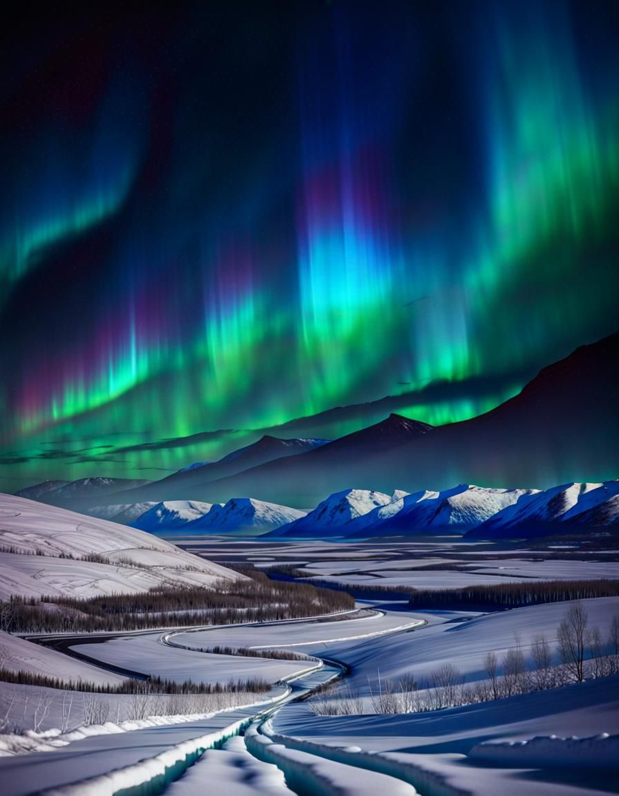 Stained Glass Aurora Borealis Over Snowy Valley