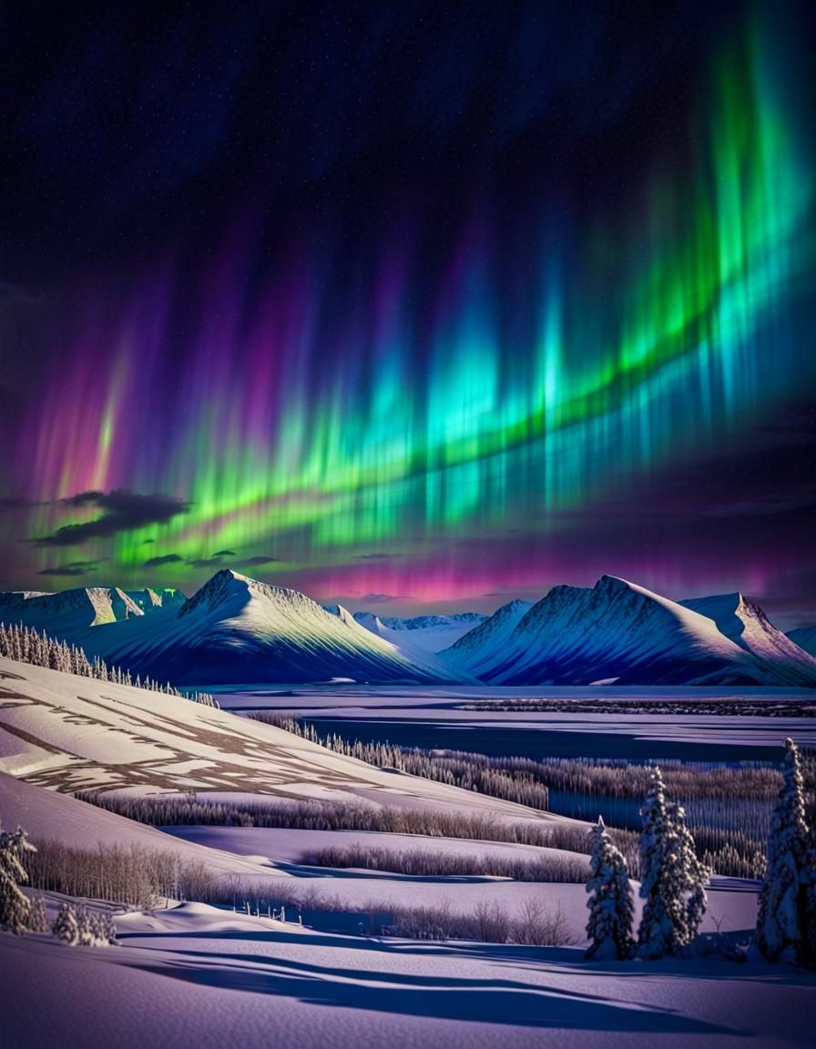 Stained Glass Aurora Borealis Over Snowy Valley