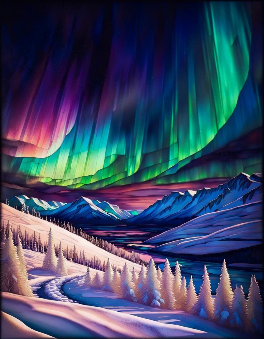 Aurora Borealis Over Snowy Valley in Stained Glass