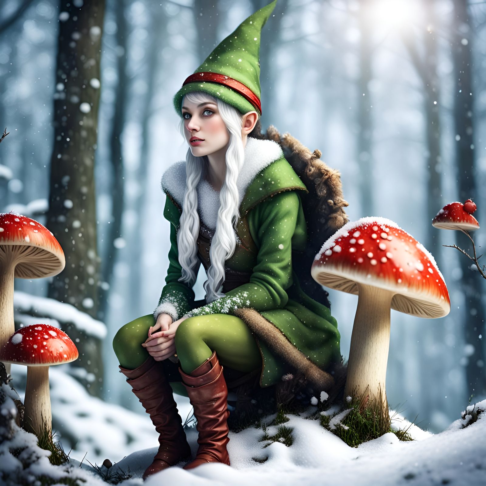 Winter Elf on Mushroom in Snowy Forest