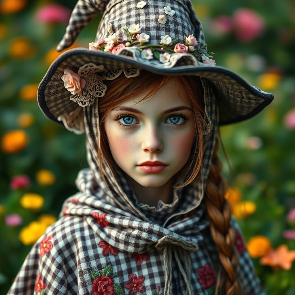 A pretty girl happy with her gingham pattern of her dress.