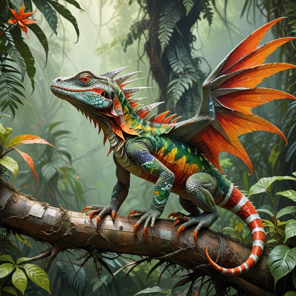 Winged Lizard Climbing Jungle Tree in Abstract Art Style