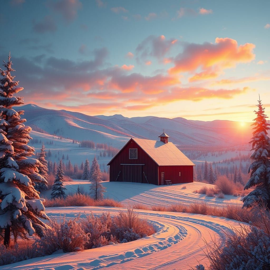 Majestic Red Sun Valley Barn Amidst Winter Wonderland