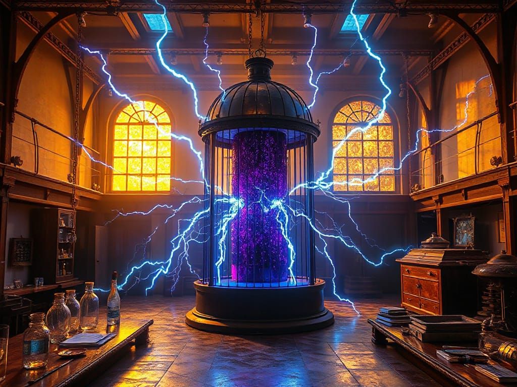 Enchanted 1820s London Laboratory in Vibrant Blue and Purple...