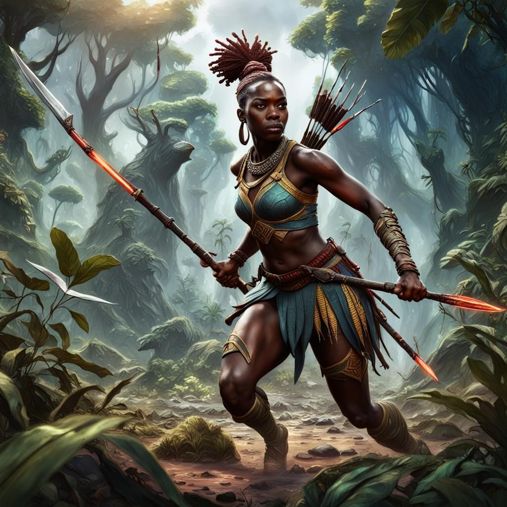African Girl Warrior's Jungle Victory: Detailed Matte Painti...