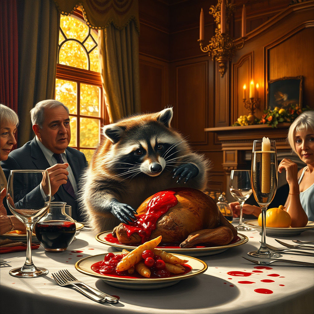 Raccoon Steals Thanksgiving Turkey: Hyperrealistic Oil Paint...