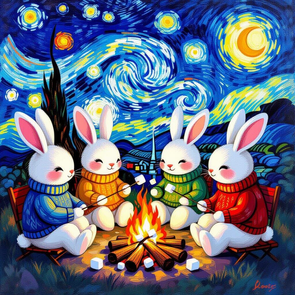 Anthropomorphic Bunnies Roasting Marshmallows in Post-Impres...