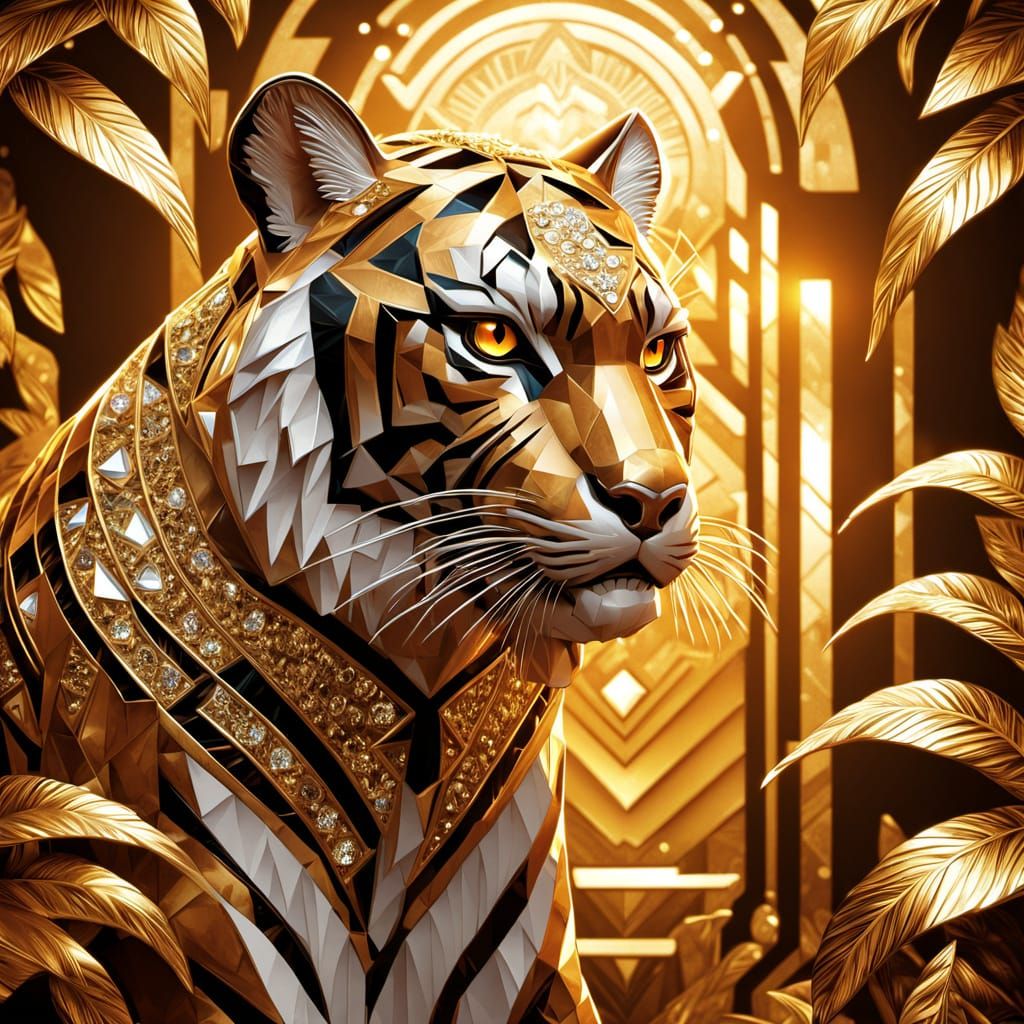 Diamond Tiger in Golden Forest: Art Deco Illustration
