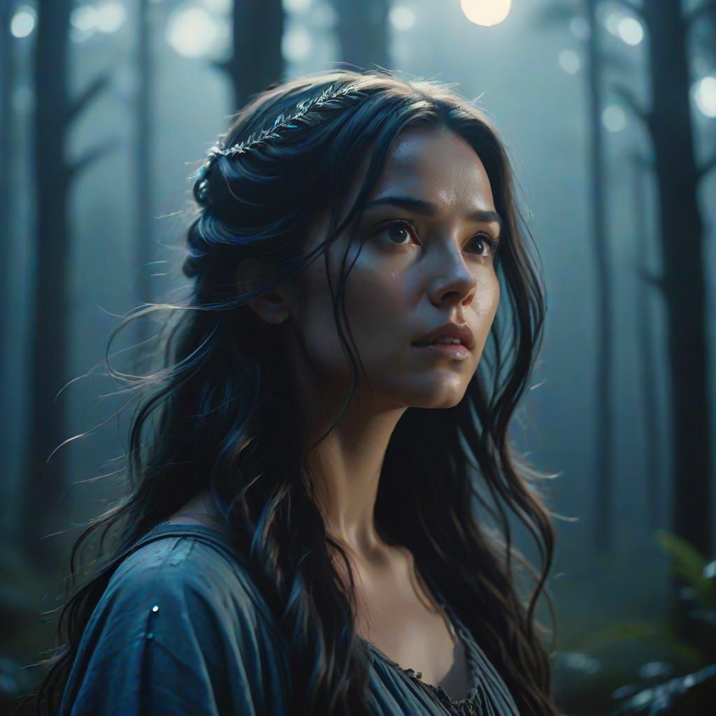 Mystical Woman in Moonlit Forest: Digital Painting