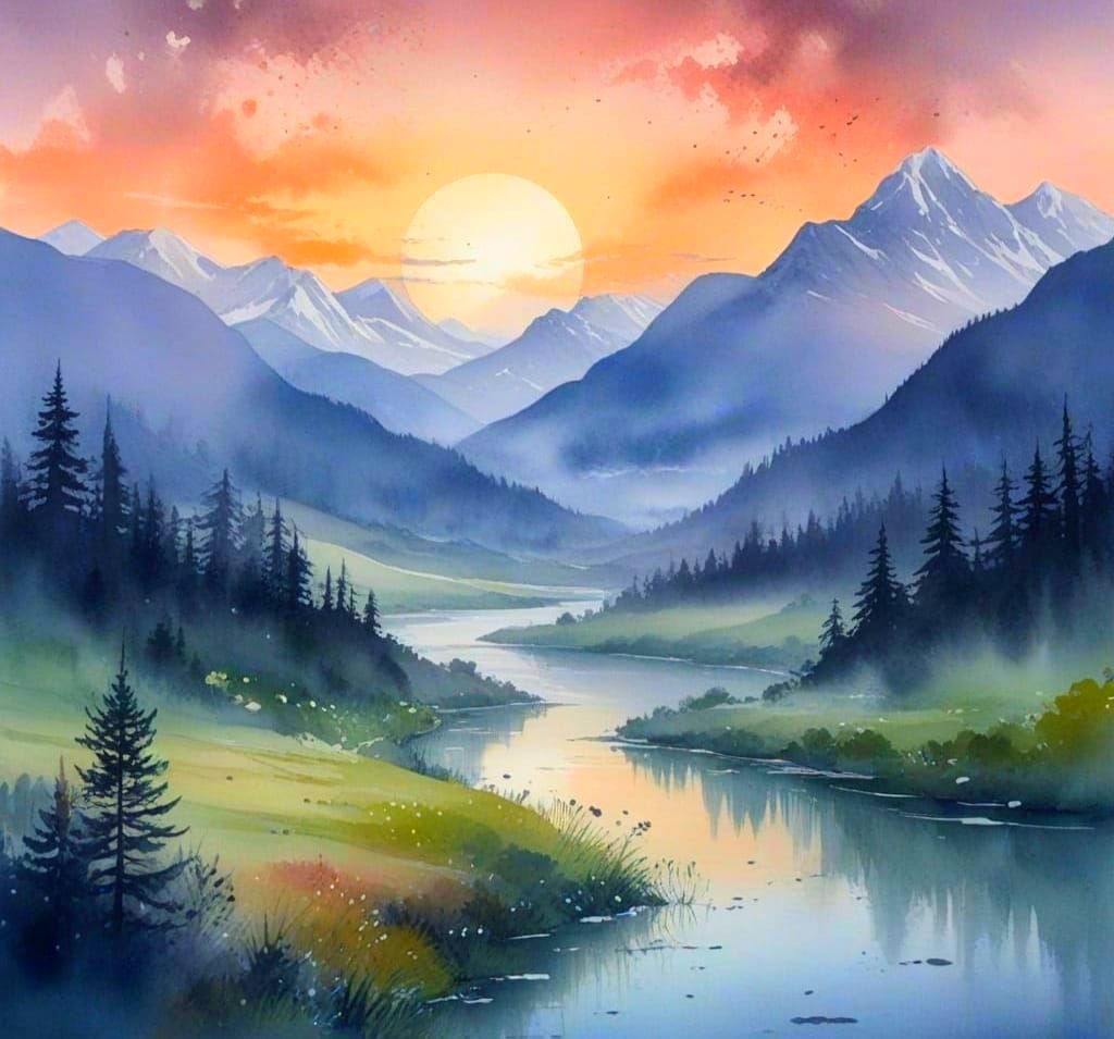 Lush Misty Valley in Warm Watercolour Light