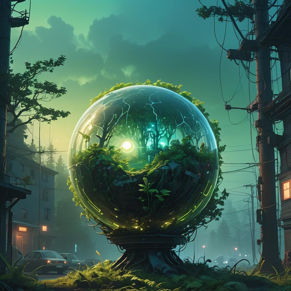 Glowing Sphere with Greenery: Fantasy Digital Art