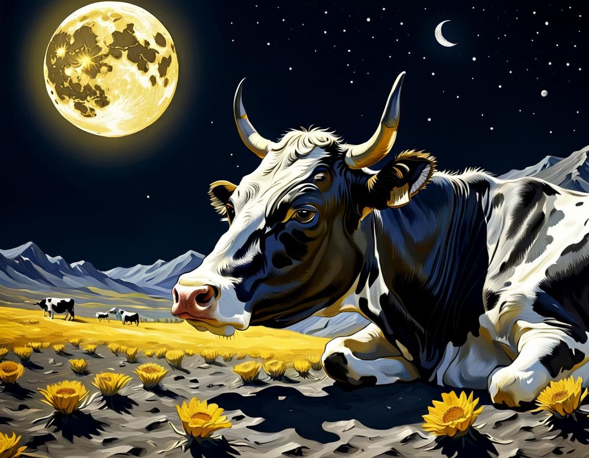 Cow Asleep on Moon in Van Gogh Style