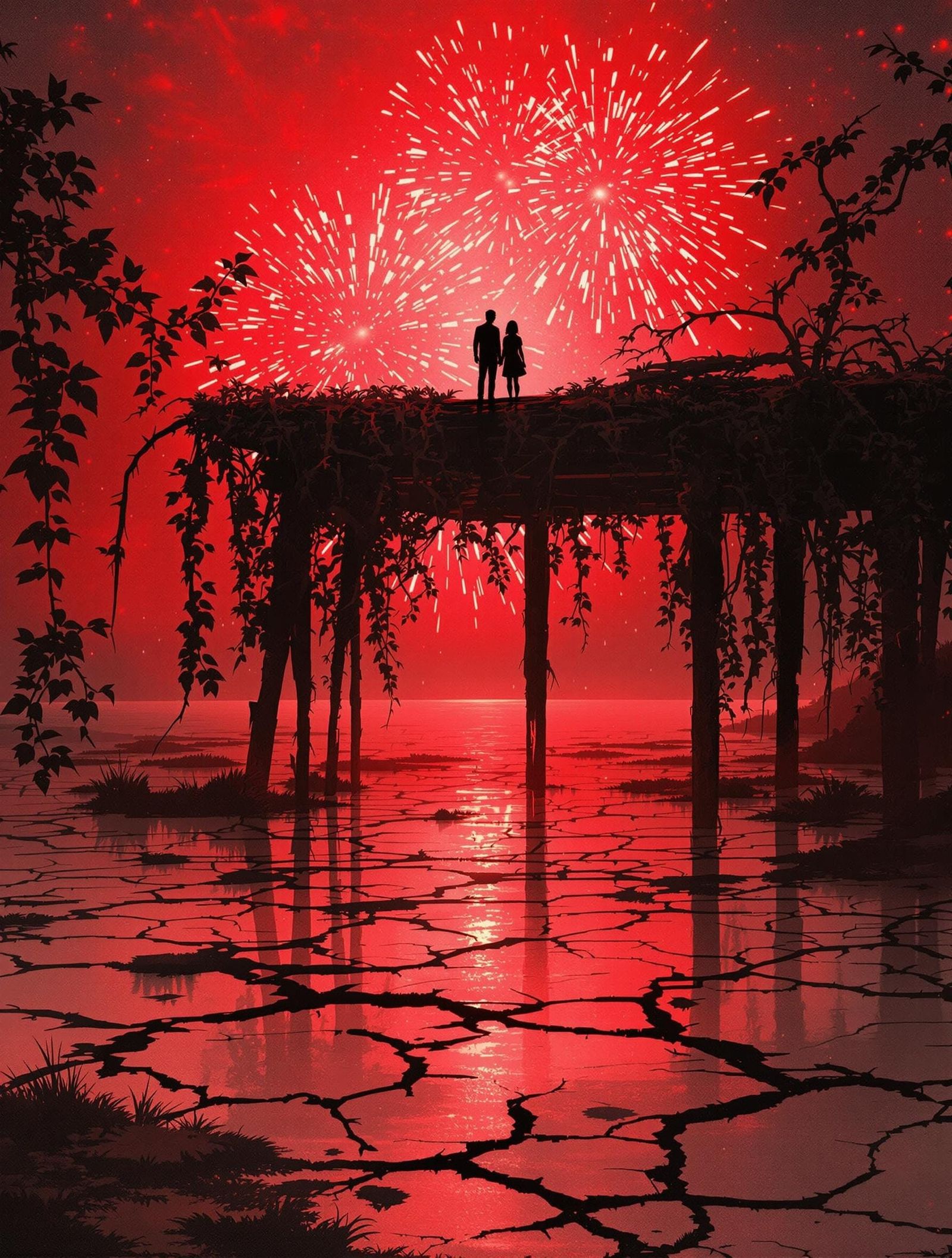 Two Figures Silhouetted on a Crumbling Pier Amidst a Vivid R...