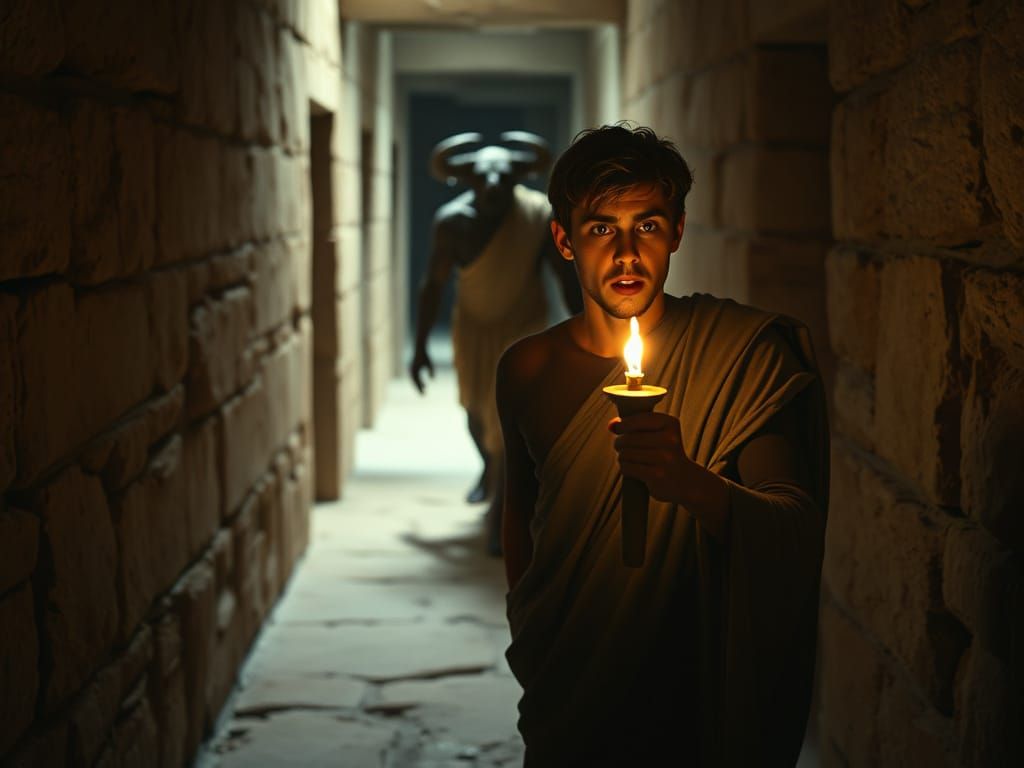 Greek Man Flees Minotaur in Labyrinth - Cinematic Film Still