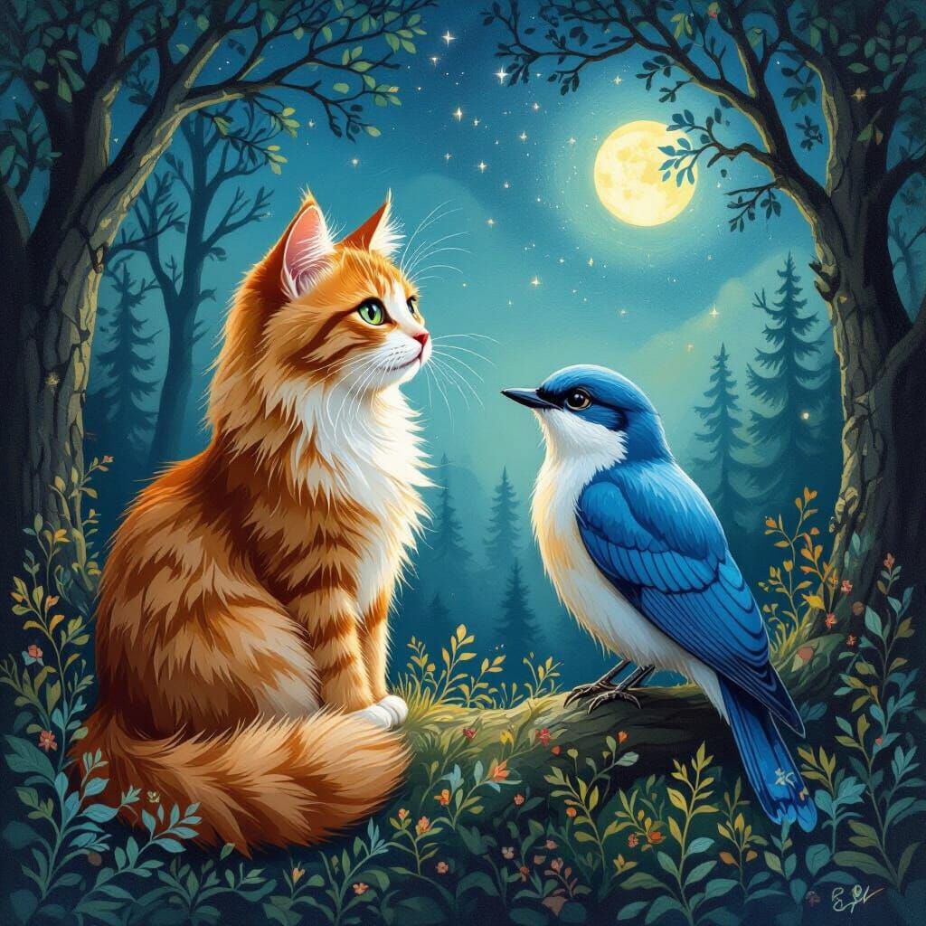 Red Cat & Blue Bird in Aurora Forest, Beatrix Potter Style