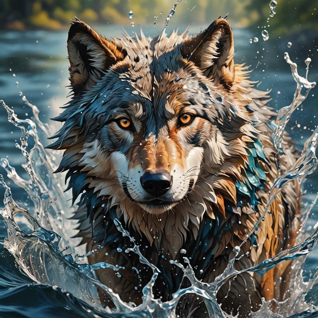 Hyperrealistic Wolf Emerges from Water: Splash Art