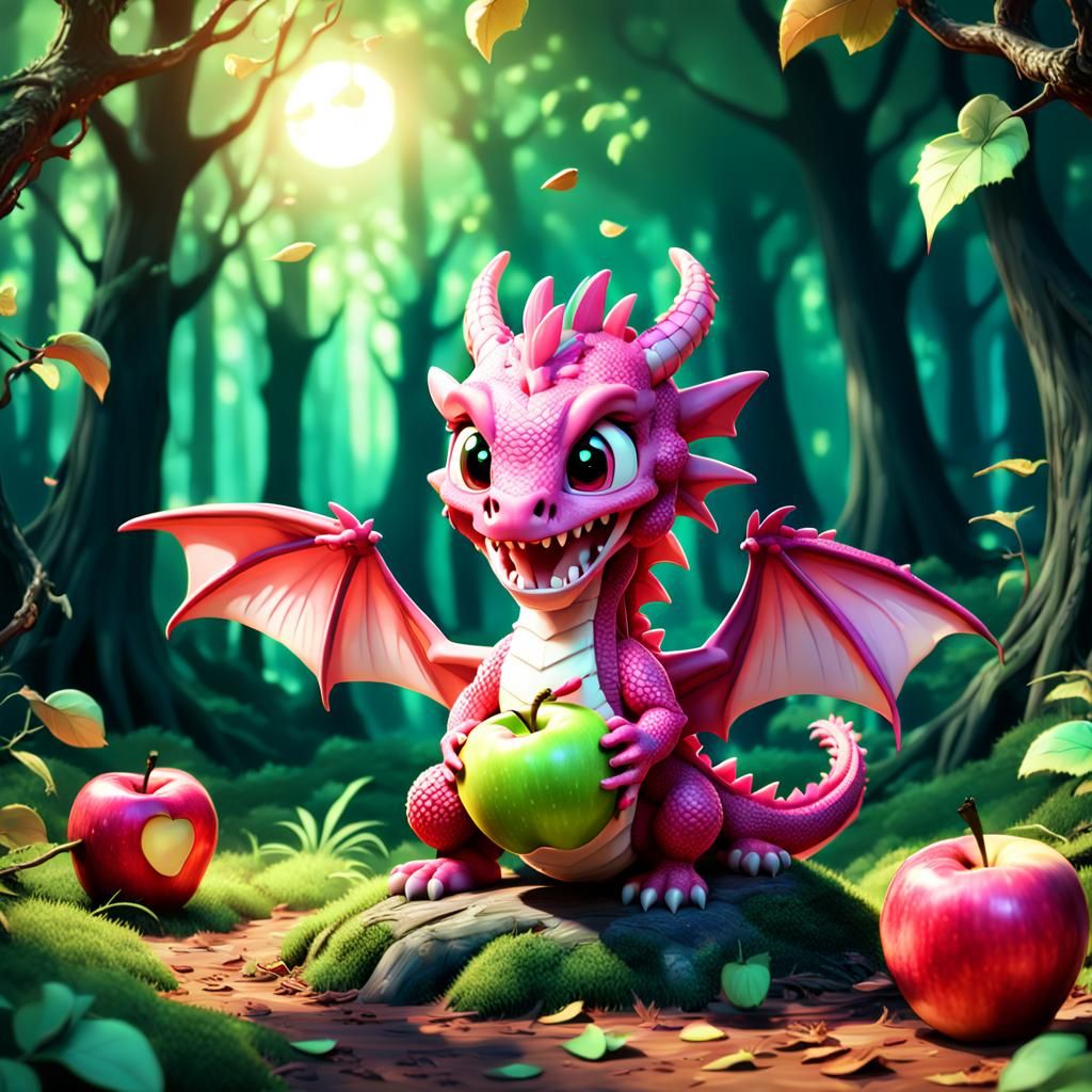 Pink Dragon Bites Apple, Chibi Anime Style