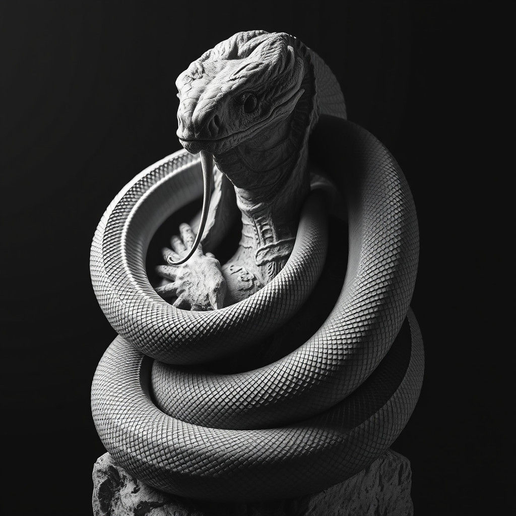 Majestic Serpent Wraps Ancient Statue in Moody Black and Whi...