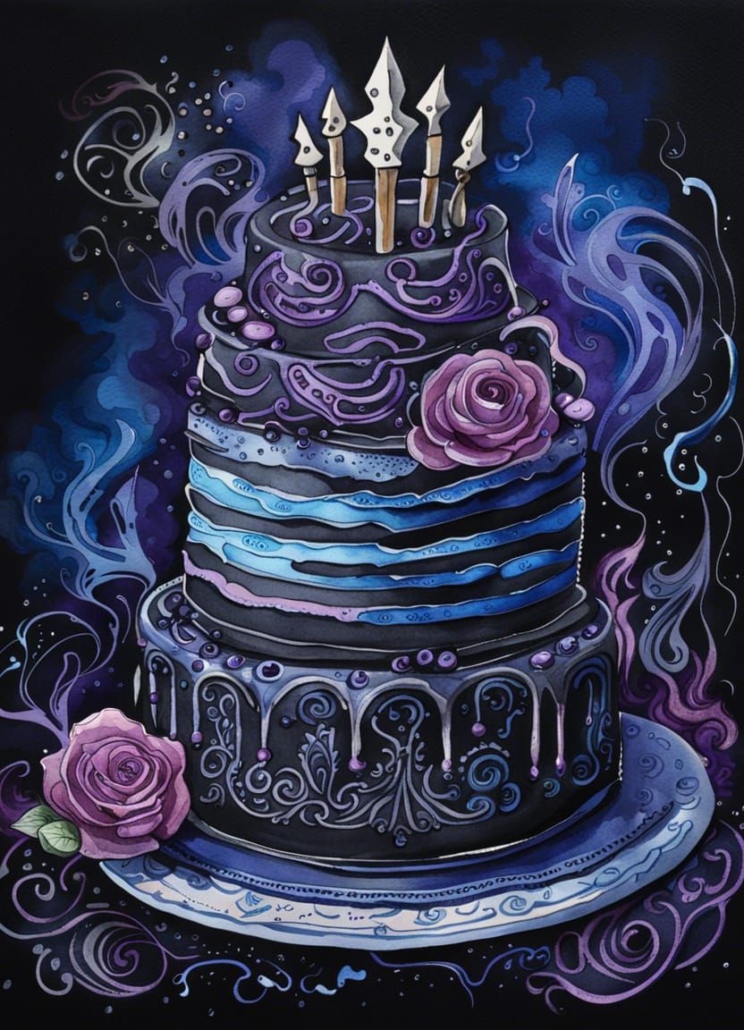 Hyperdetailed Fantasy Goth Cake as Watercolor Painting