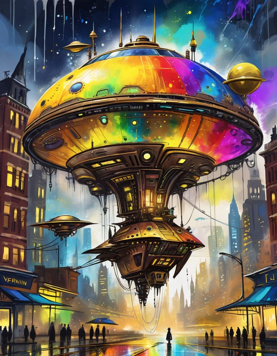 Steampunk Alien Spaceship in Rainbow Dress