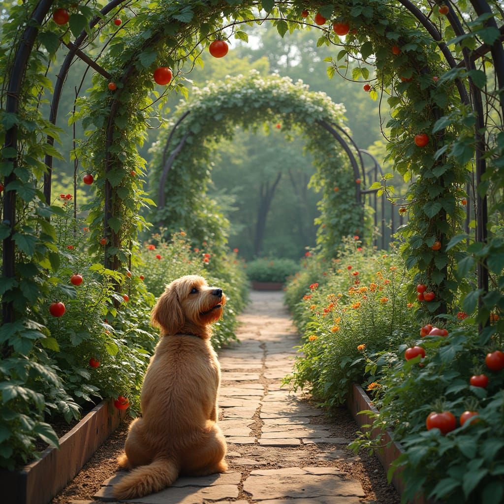 Summer Garden in Impressionist Style with Lush Tomatoes and ...