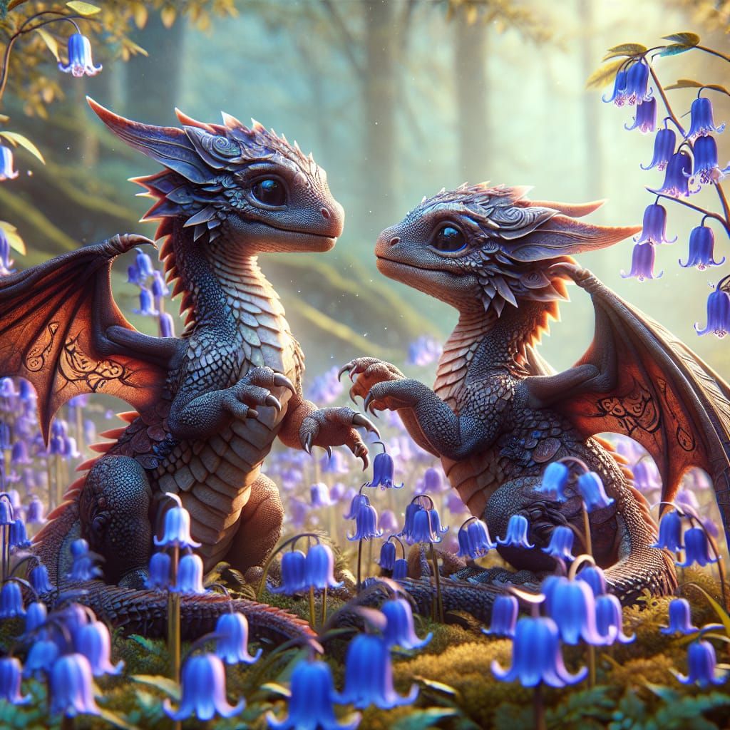 Two adorable baby dragons with scales reminiscent of bluebel...