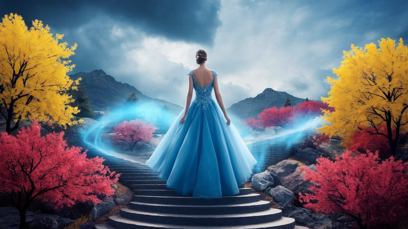 Woman in Elegant Blue Gown Ascends Fantasy Staircase